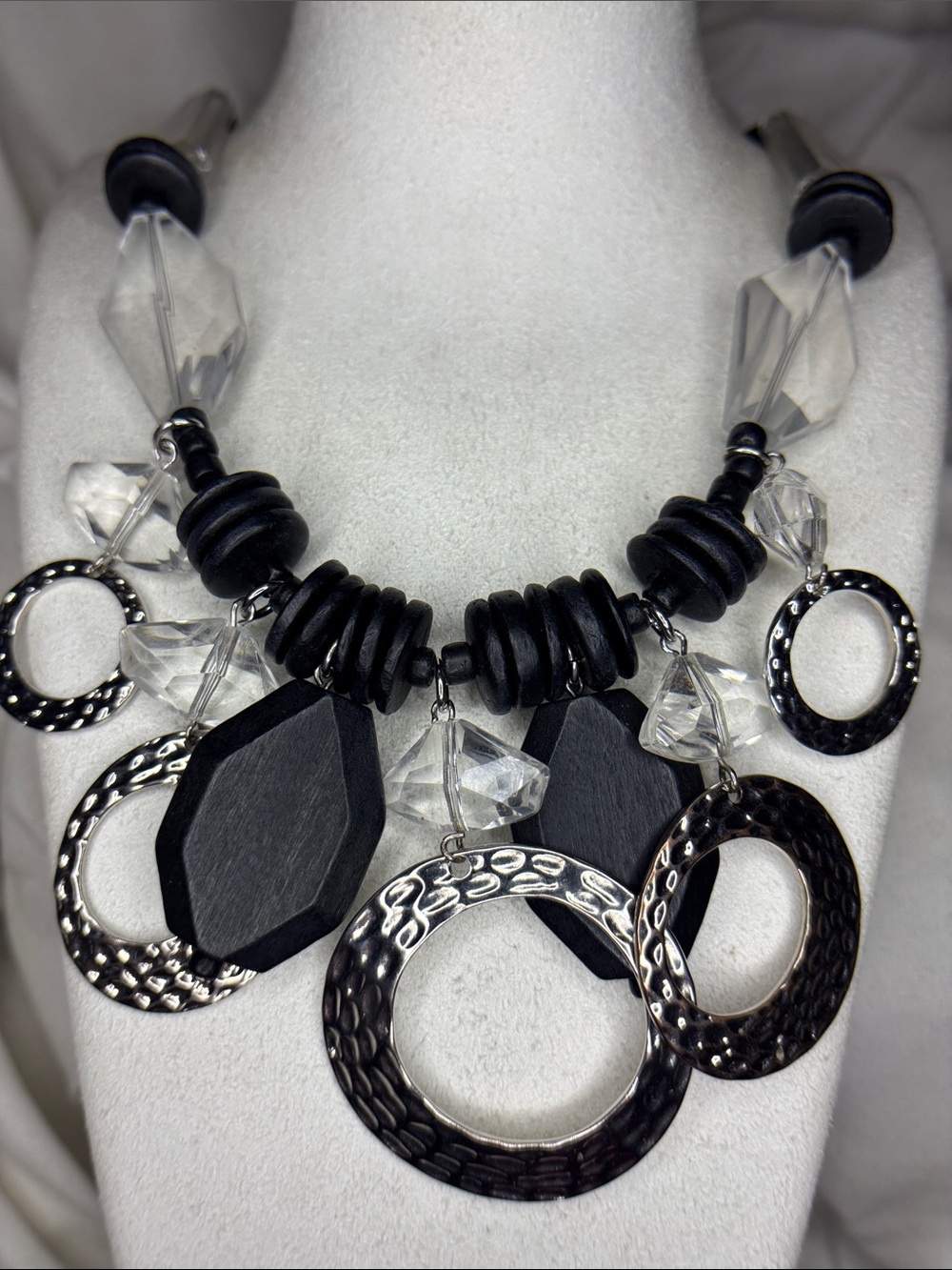 Chico's Black and Silver Hammered Ring Statement Necklace